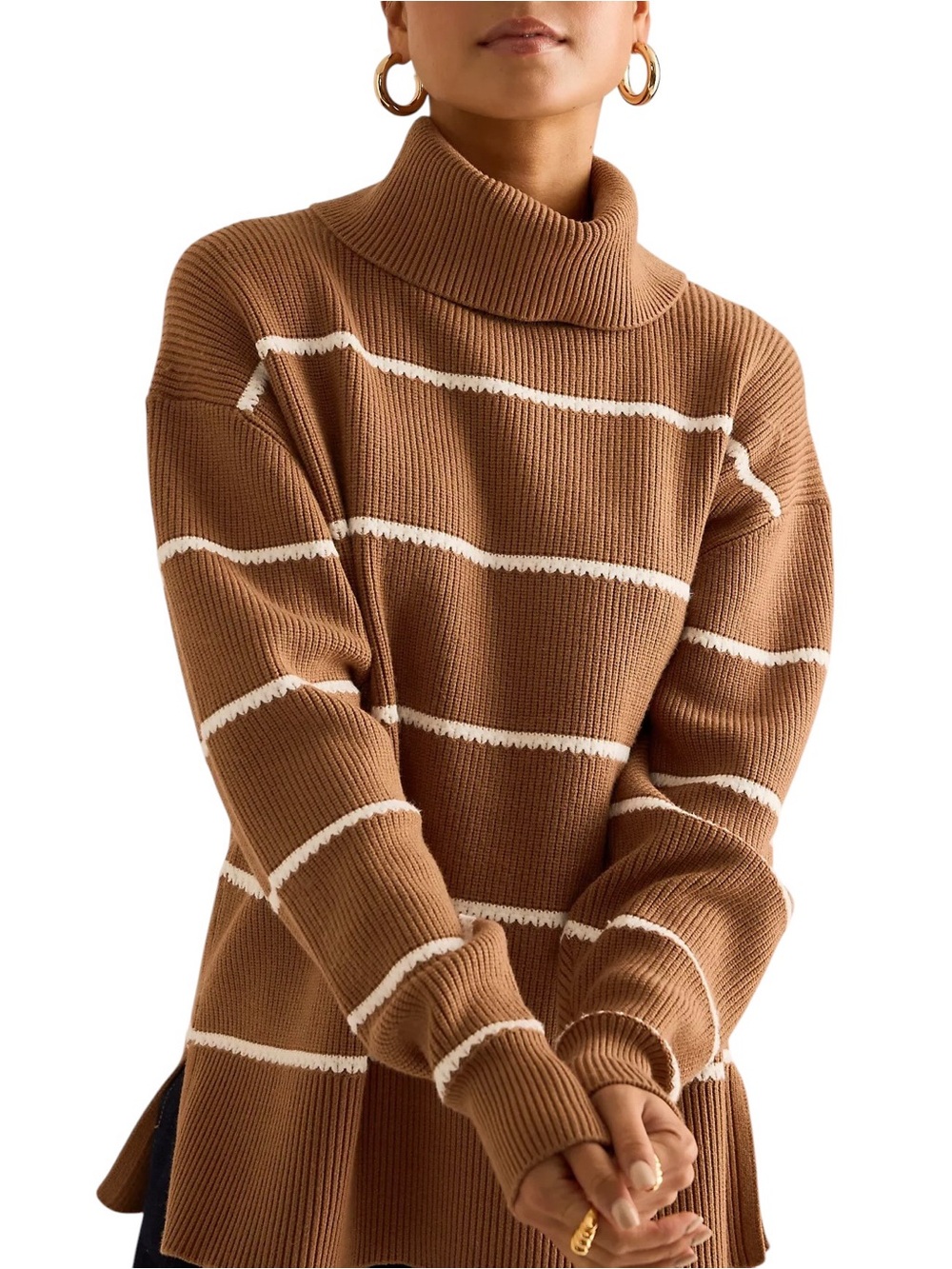 Varley Hamish Stitch Knit Turtleneck Sweater Tan & Cream Stripe Sz XL